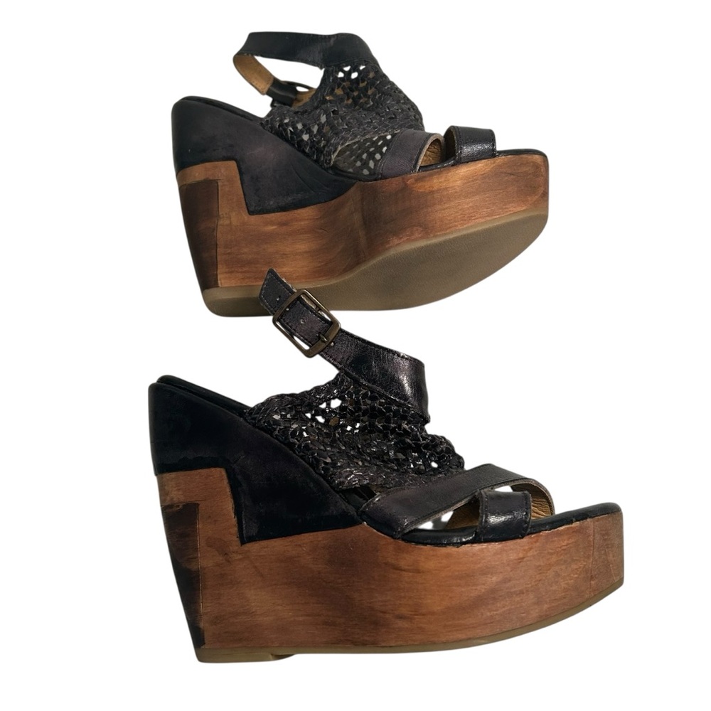 Bed Stu Petra Black Weaved Leather Distressed Wedge Sandal Size 7 Boho Chunky - Picture 7 of 12